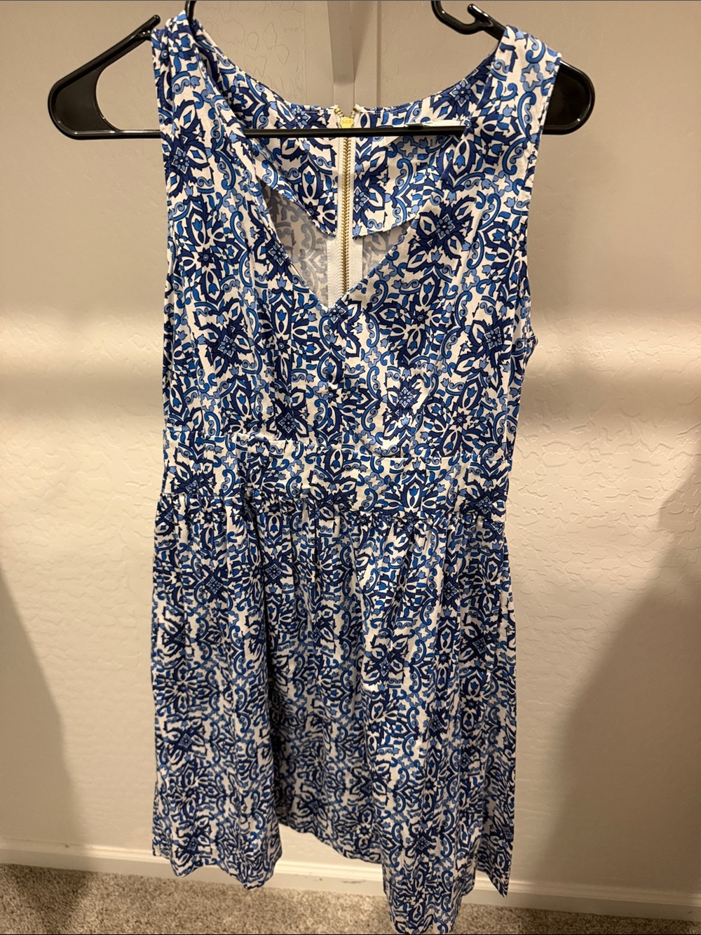 Milly Blue and White Printed V-Neck Dress